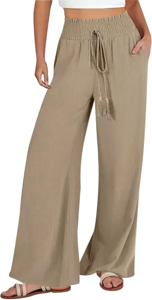 Womens Linen Palazzo Pants Casual Wide Leg Pants Drawstring Pants with Pockets Summer Beach Linen Pants Lounge Trousers, XX-Large, #E5-khaki