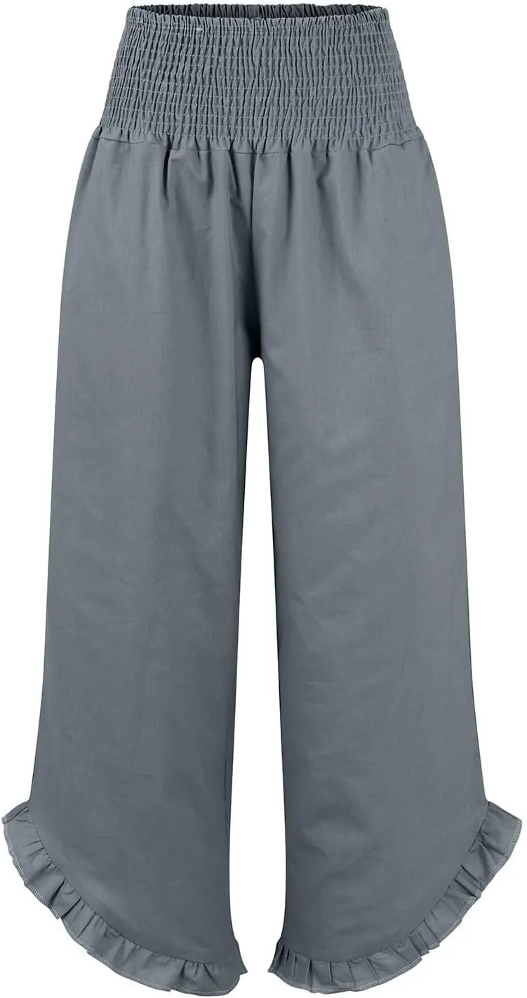 Women's Linen Palazzo Pants Smocked Waist Ruffle Cuffs Wide Leg Boho Pants Summer Beach Vacation Loose Flowy Trousers