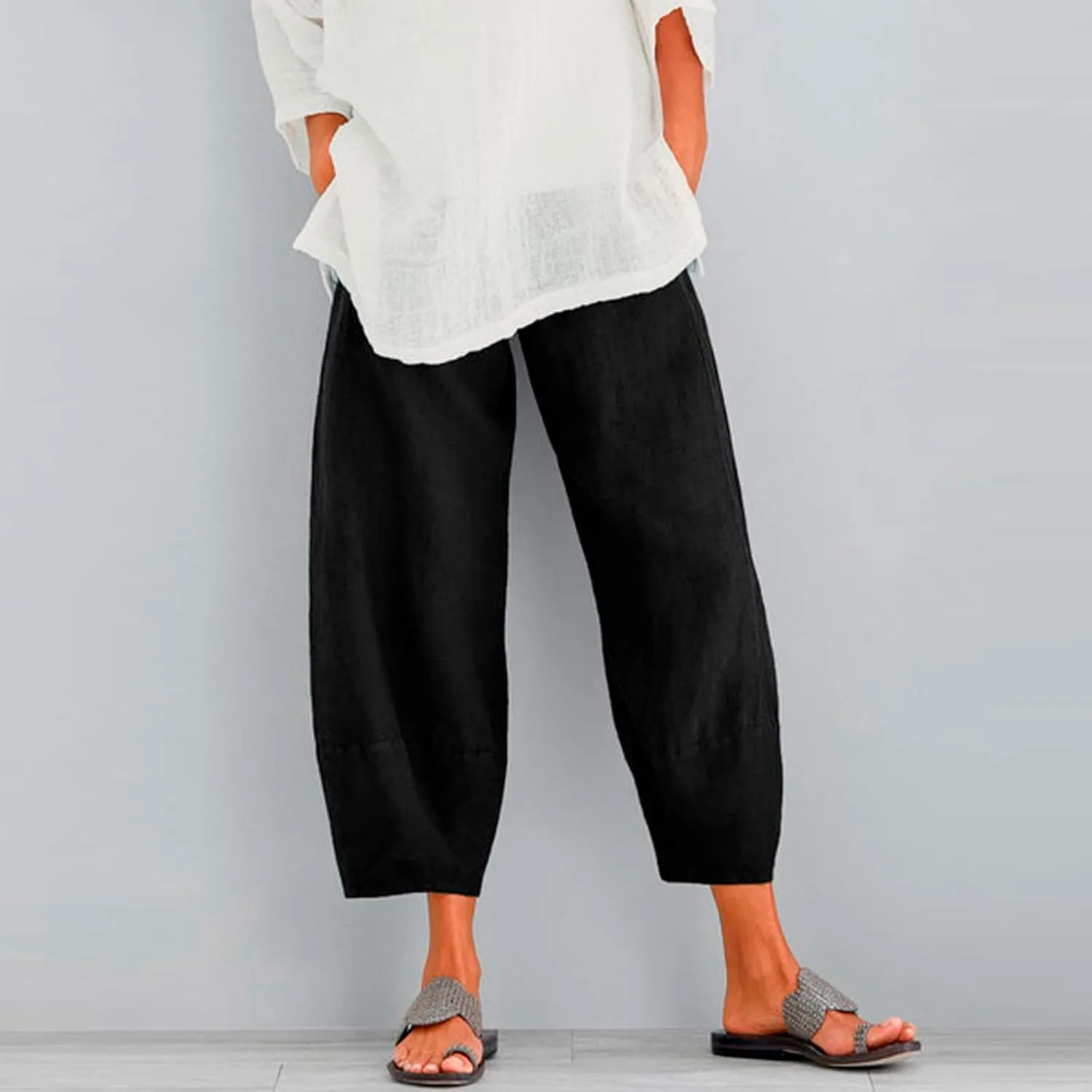 Womens Linen Pants Casual Elastic High Waist Summer Pants Comfy Relax Fit Palazzo Pants Linen Capris Yoga Sweatpants Trousers
