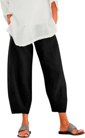 Womens Linen Pants Casual Elastic High Waist Summer Pants Comfy Relax Fit Palazzo Pants Linen Capris Yoga Sweatpants Trousers