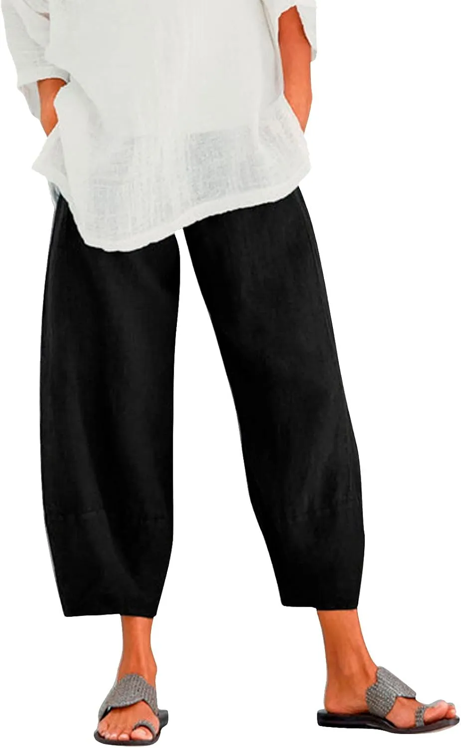 Womens Linen Pants Casual Elastic High Waist Summer Pants Comfy Relax Fit Palazzo Pants Linen Capris Yoga Sweatpants Trousers
