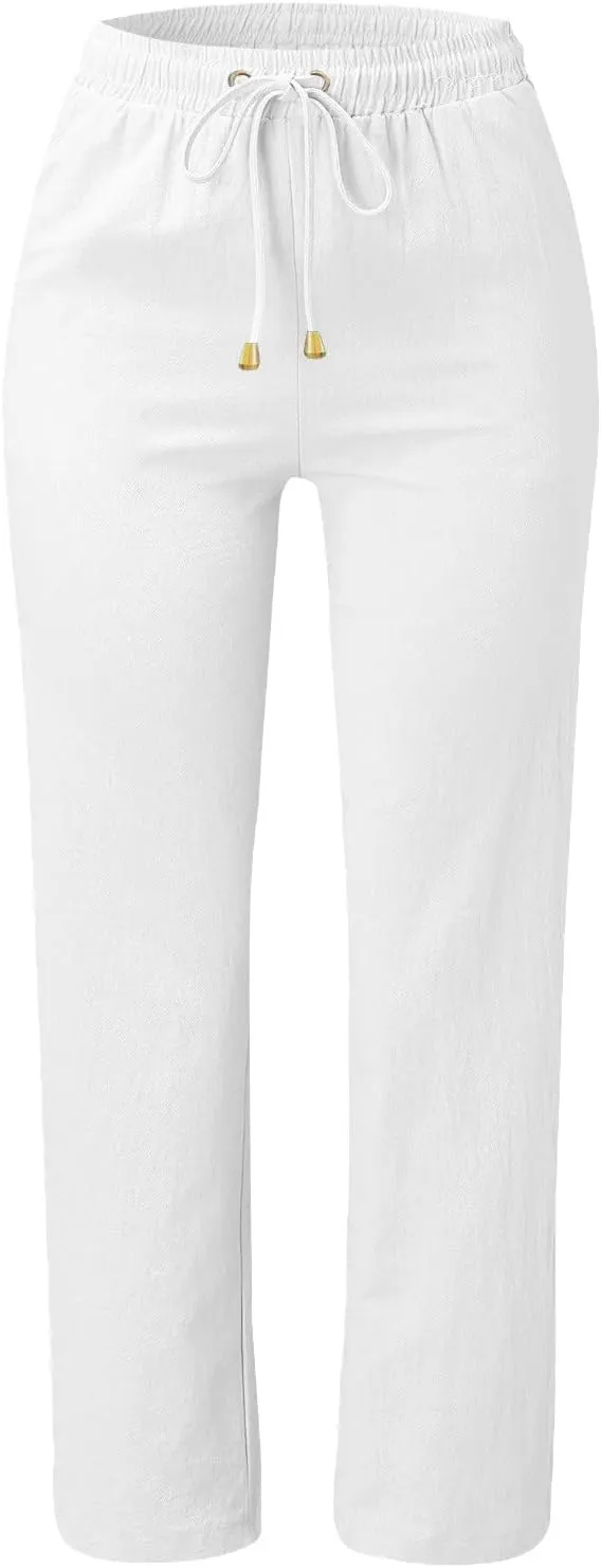 Women's Linen Pants Casual High Waist Pants Drawstring Loose Fit Summer Pants Solid Lounge Long Trousers with Side Pockets