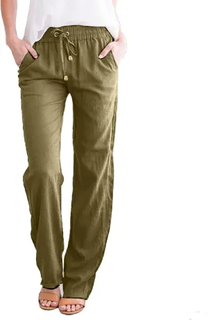 Women's Linen Pants Casual High Waist Pants Drawstring Loose Fit Summer Pants Solid Lounge Long Trousers with Side Pockets