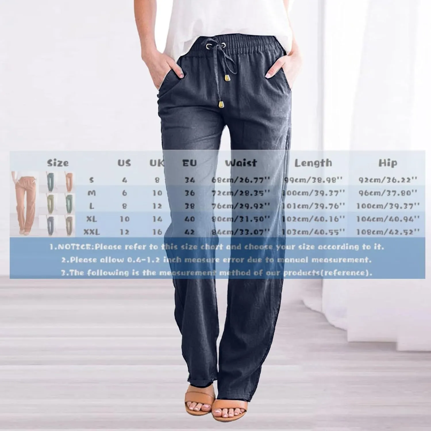Women's Linen Pants Casual High Waist Pants Drawstring Loose Fit Summer Pants Solid Lounge Long Trousers with Side Pockets