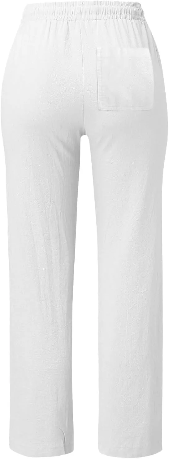Women's Linen Pants Casual High Waist Pants Drawstring Loose Fit Summer Pants Solid Lounge Long Trousers with Side Pockets