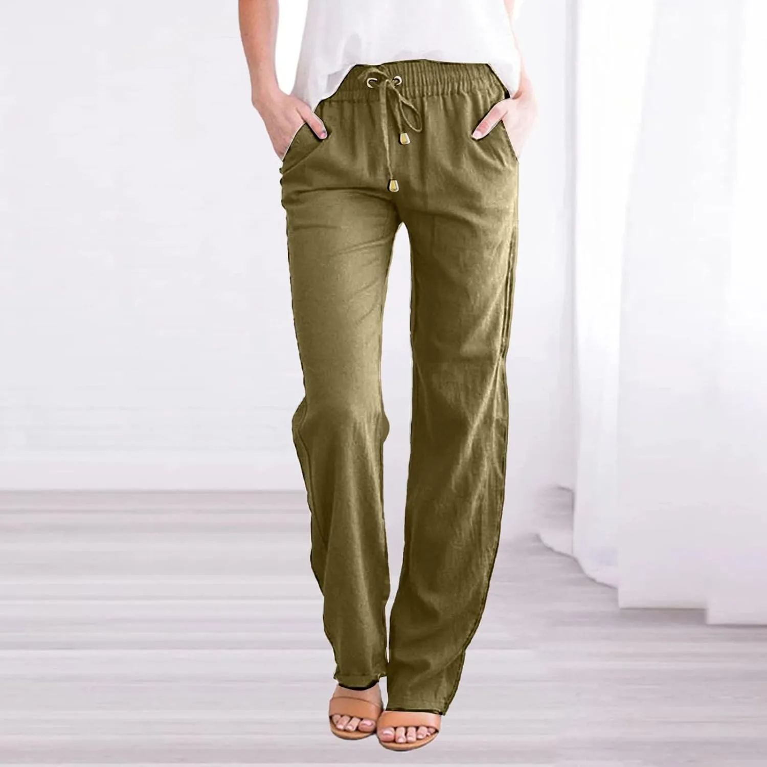 Women's Linen Pants Casual High Waist Pants Drawstring Loose Fit Summer Pants Solid Lounge Long Trousers with Side Pockets