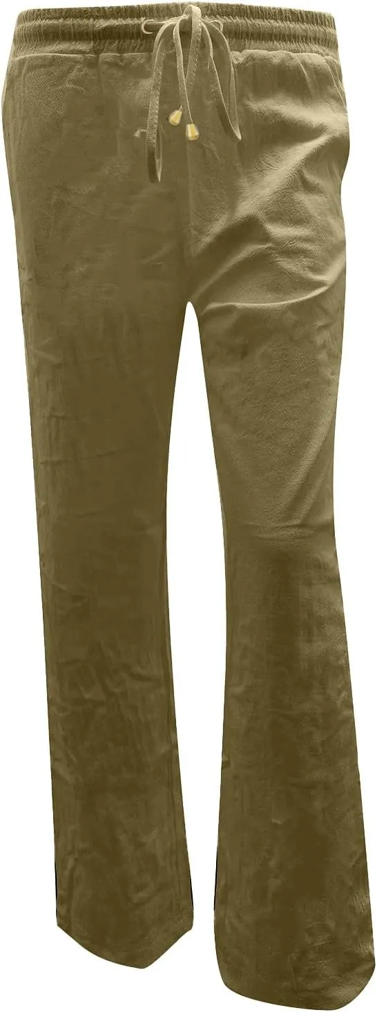 Women's Linen Pants Casual High Waist Pants Drawstring Loose Fit Summer Pants Solid Lounge Long Trousers with Side Pockets