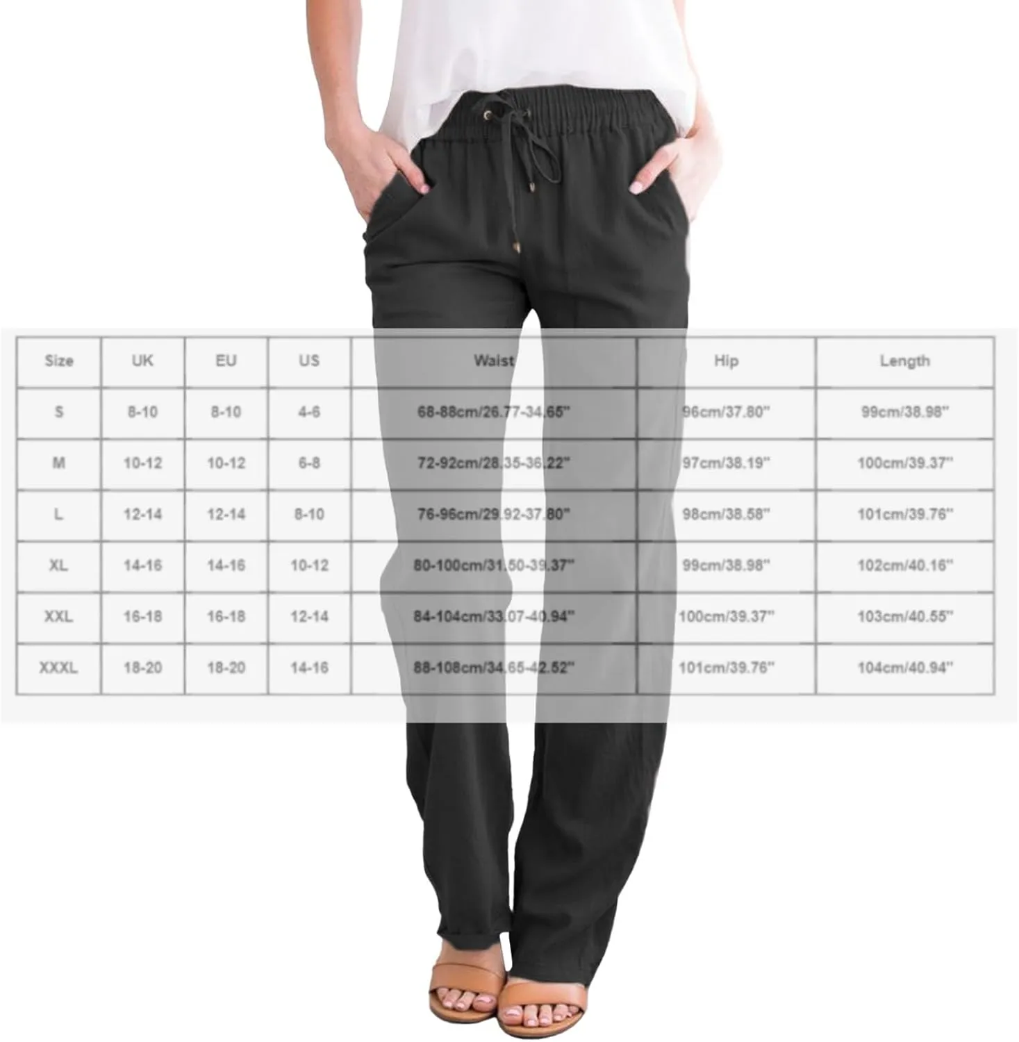 Women's Linen Pants Casual High Waist Pants Drawstring Loose Fit Summer Pants Solid Lounge Long Trousers with Side Pockets