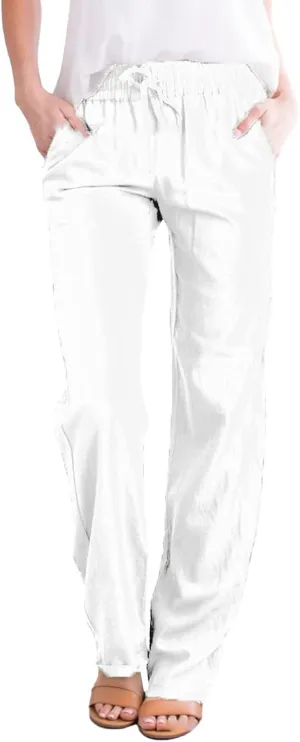 Women's Linen Pants Casual High Waist Pants Drawstring Loose Fit Summer Pants Solid Lounge Long Trousers with Side Pockets