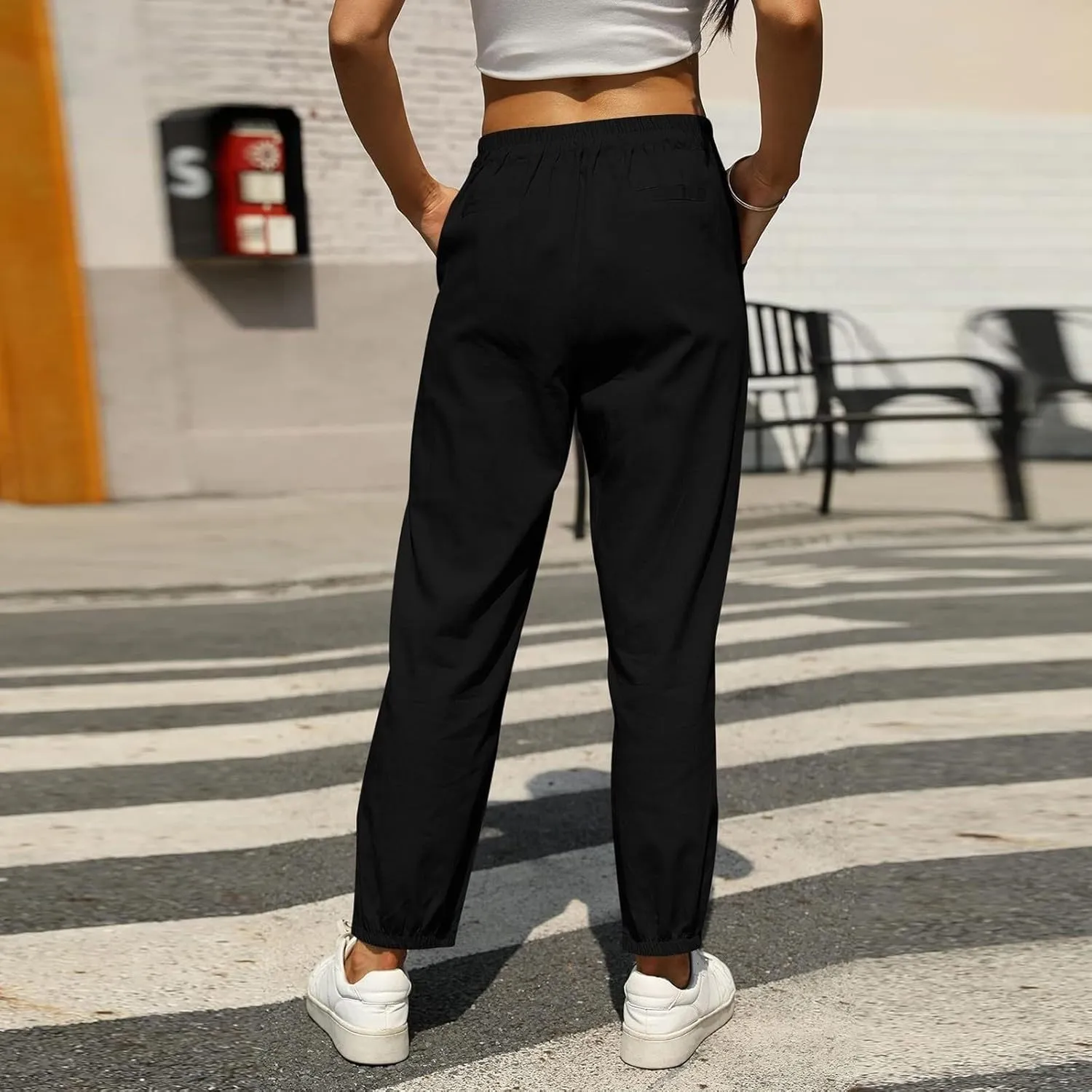 Womens Linen Pants Casual Summer High Waisted Drawstring Tapered Pants Baggy Sweatpants with Pockets Travel Trousers