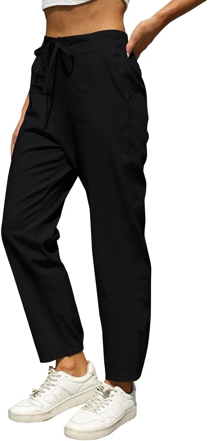 Womens Linen Pants Casual Summer High Waisted Drawstring Tapered Pants Baggy Sweatpants with Pockets Travel Trousers