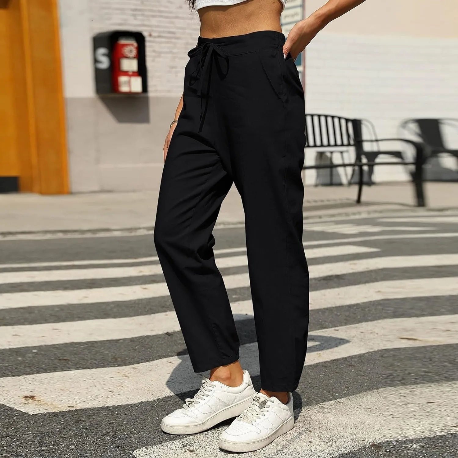 Womens Linen Pants Casual Summer High Waisted Drawstring Tapered Pants Baggy Sweatpants with Pockets Travel Trousers