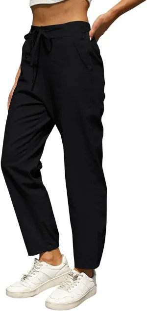 Womens Linen Pants Casual Summer High Waisted Drawstring Tapered Pants Baggy Sweatpants with Pockets Travel Trousers