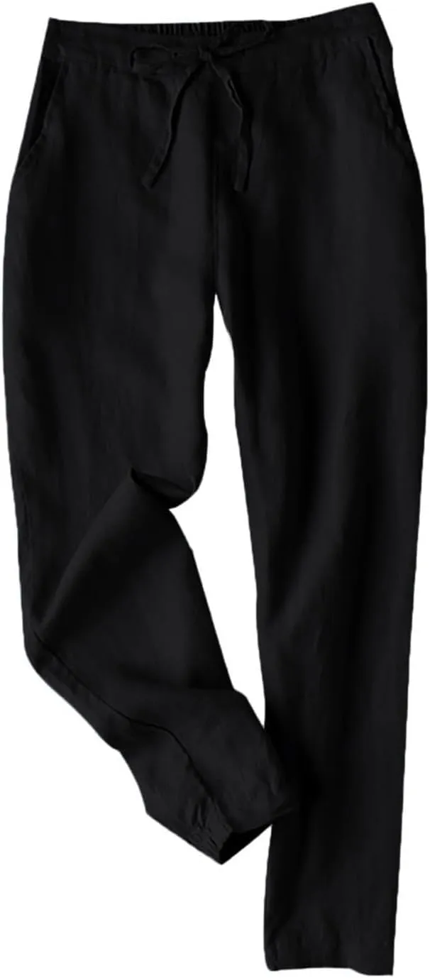 Womens Linen Pants Casual Summer High Waisted Drawstring Tapered Pants Baggy Sweatpants with Pockets Travel Trousers
