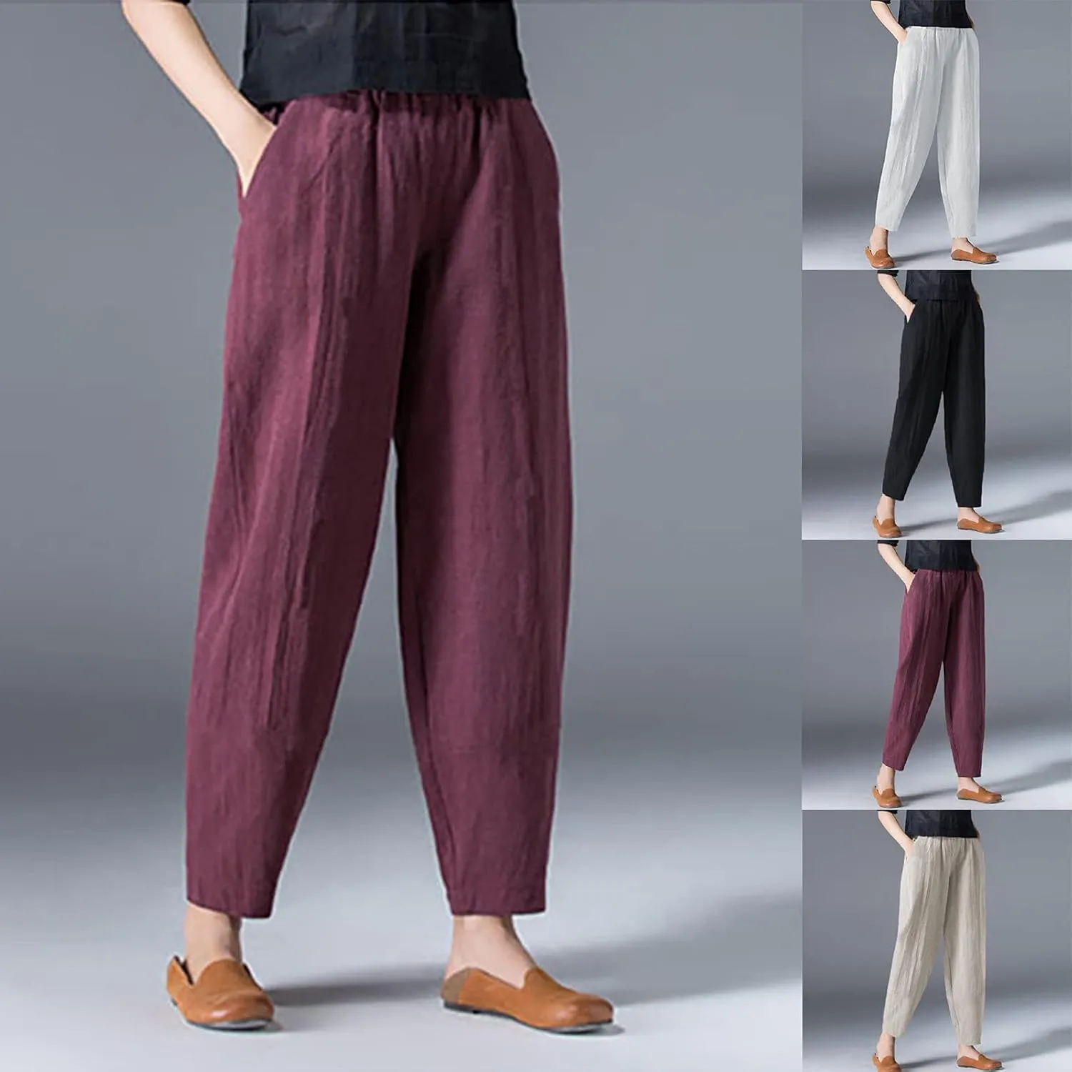 Women's Linen Pants Plus Size High Waisted Elastic Trouser Summer Drawstring Pants Loose Fit Lightweight Long Pants