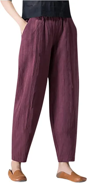 Women's Linen Pants Plus Size High Waisted Elastic Trouser Summer Drawstring Pants Loose Fit Lightweight Long Pants