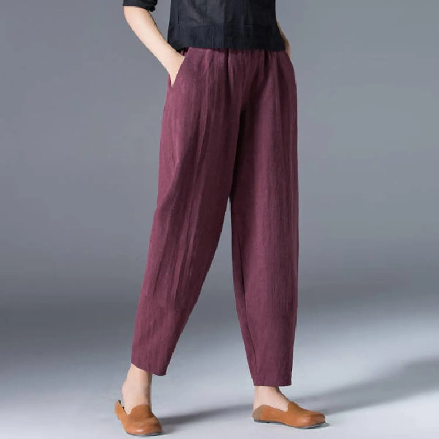 Women's Linen Pants Plus Size High Waisted Elastic Trouser Summer Drawstring Pants Loose Fit Lightweight Long Pants