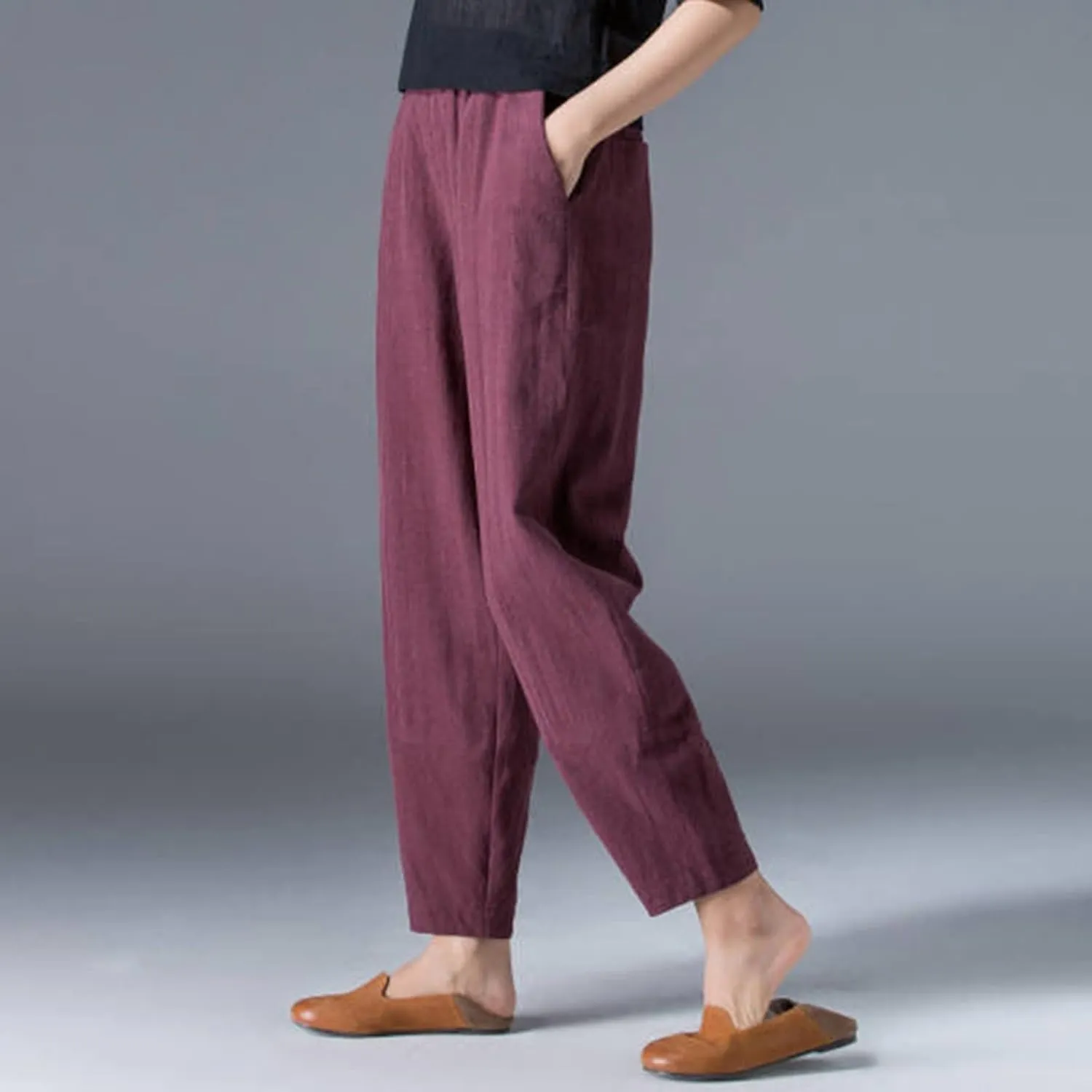 Women's Linen Pants Plus Size High Waisted Elastic Trouser Summer Drawstring Pants Loose Fit Lightweight Long Pants