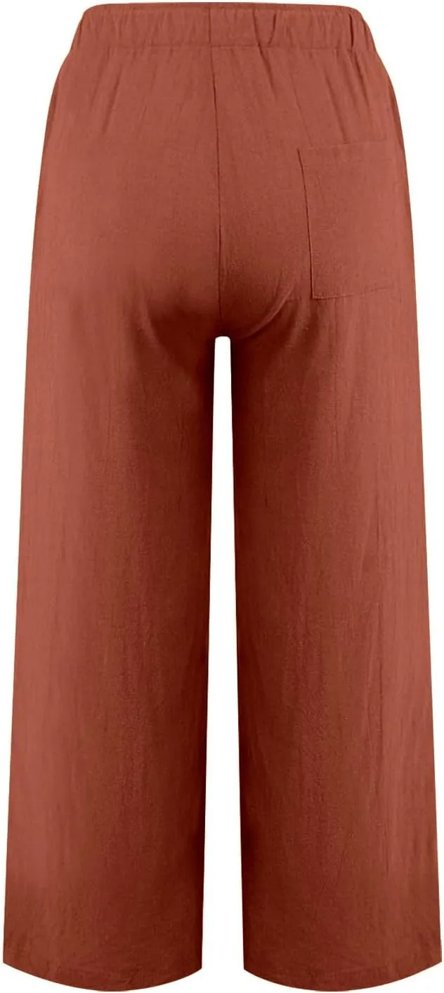 Womens Linen Pants Summer Boho Drawstring Elastic Flowy High Waist Casual Loose Fit Wide Leg Pants
