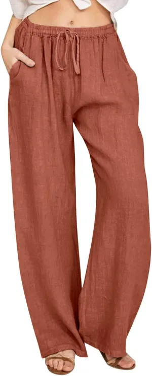 Womens Linen Pants Summer Boho Drawstring Elastic Flowy High Waist Casual Loose Fit Wide Leg Pants