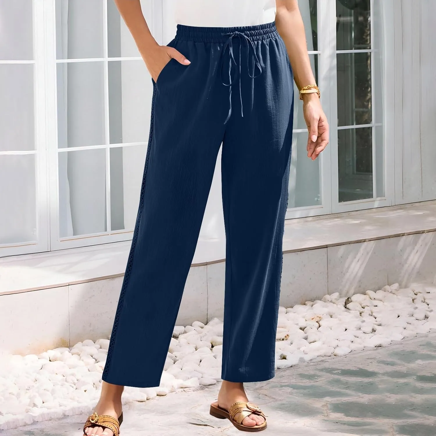 Womens Linen Pants Summer Casual Lightweight Drawstring High Waisted Wide Leg Pants Beach Trousers with Pockets