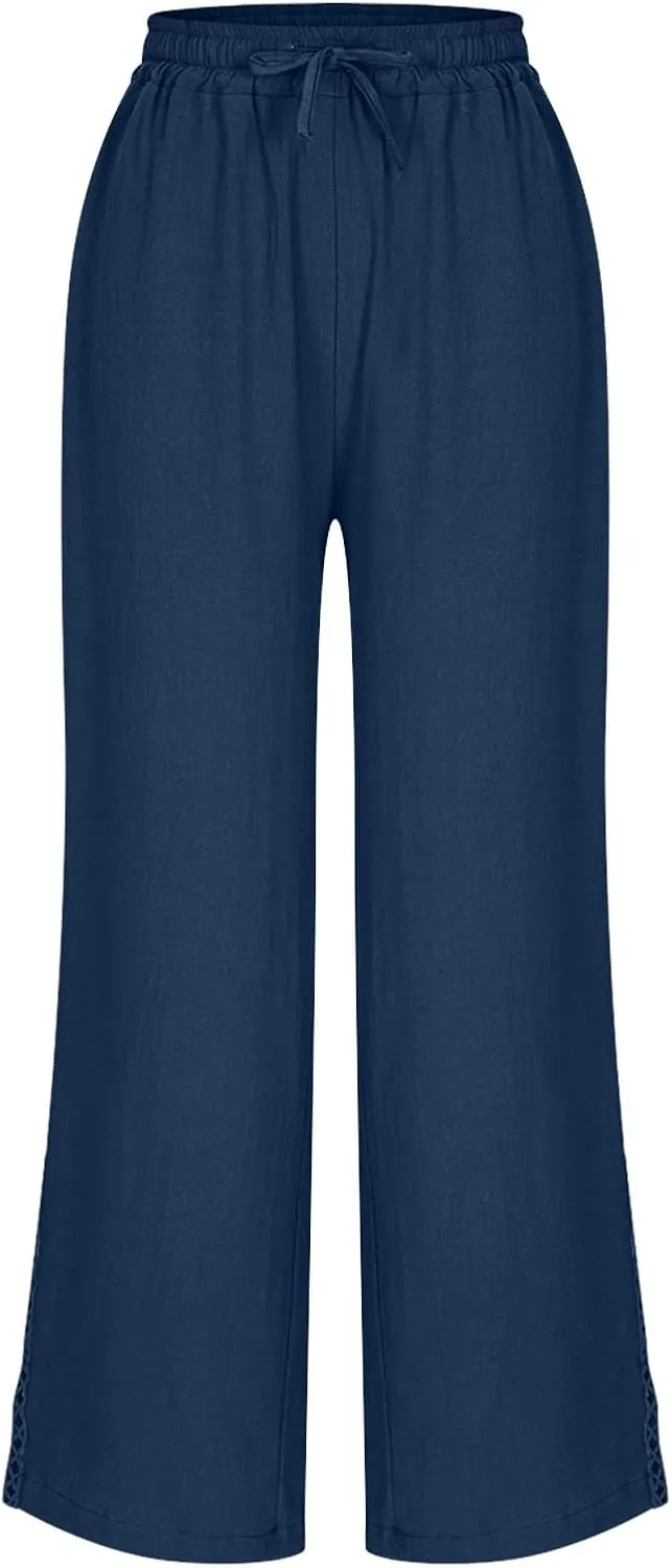 Womens Linen Pants Summer Casual Lightweight Drawstring High Waisted Wide Leg Pants Beach Trousers with Pockets