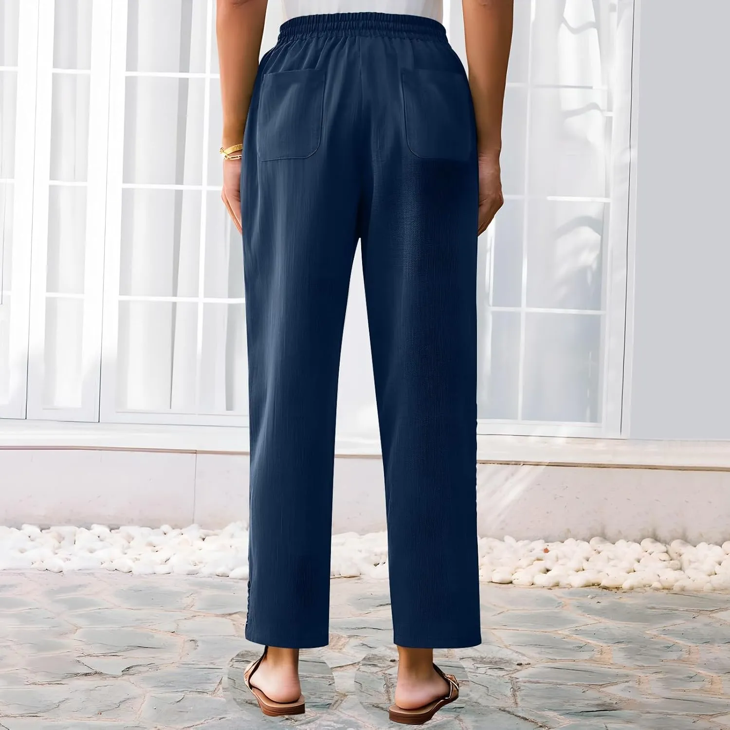 Womens Linen Pants Summer Casual Lightweight Drawstring High Waisted Wide Leg Pants Beach Trousers with Pockets