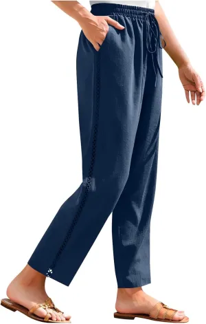 Womens Linen Pants Summer Casual Lightweight Drawstring High Waisted Wide Leg Pants Beach Trousers with Pockets