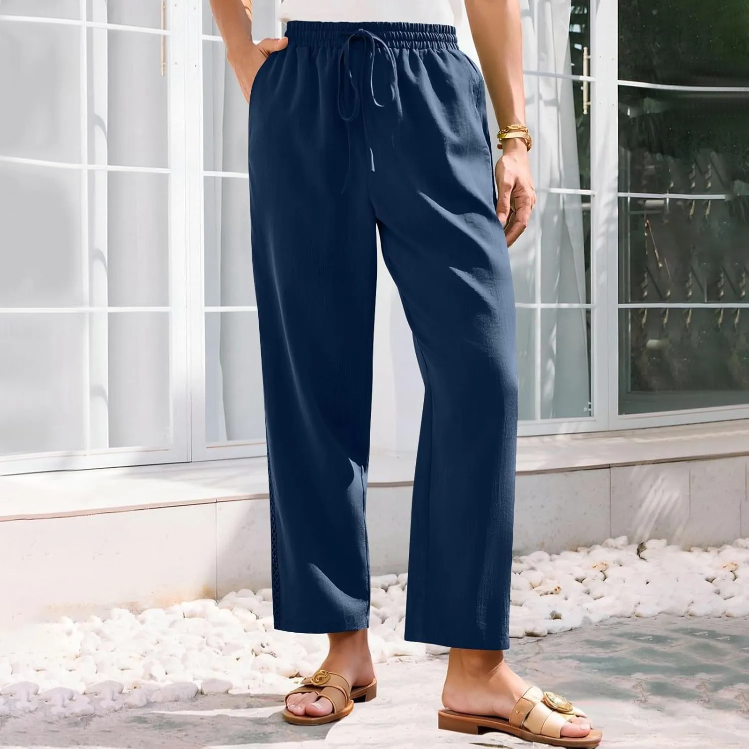 Womens Linen Pants Summer Casual Lightweight Drawstring High Waisted Wide Leg Pants Beach Trousers with Pockets