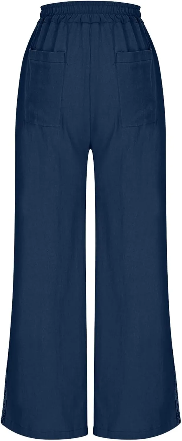 Womens Linen Pants Summer Casual Lightweight Drawstring High Waisted Wide Leg Pants Beach Trousers with Pockets
