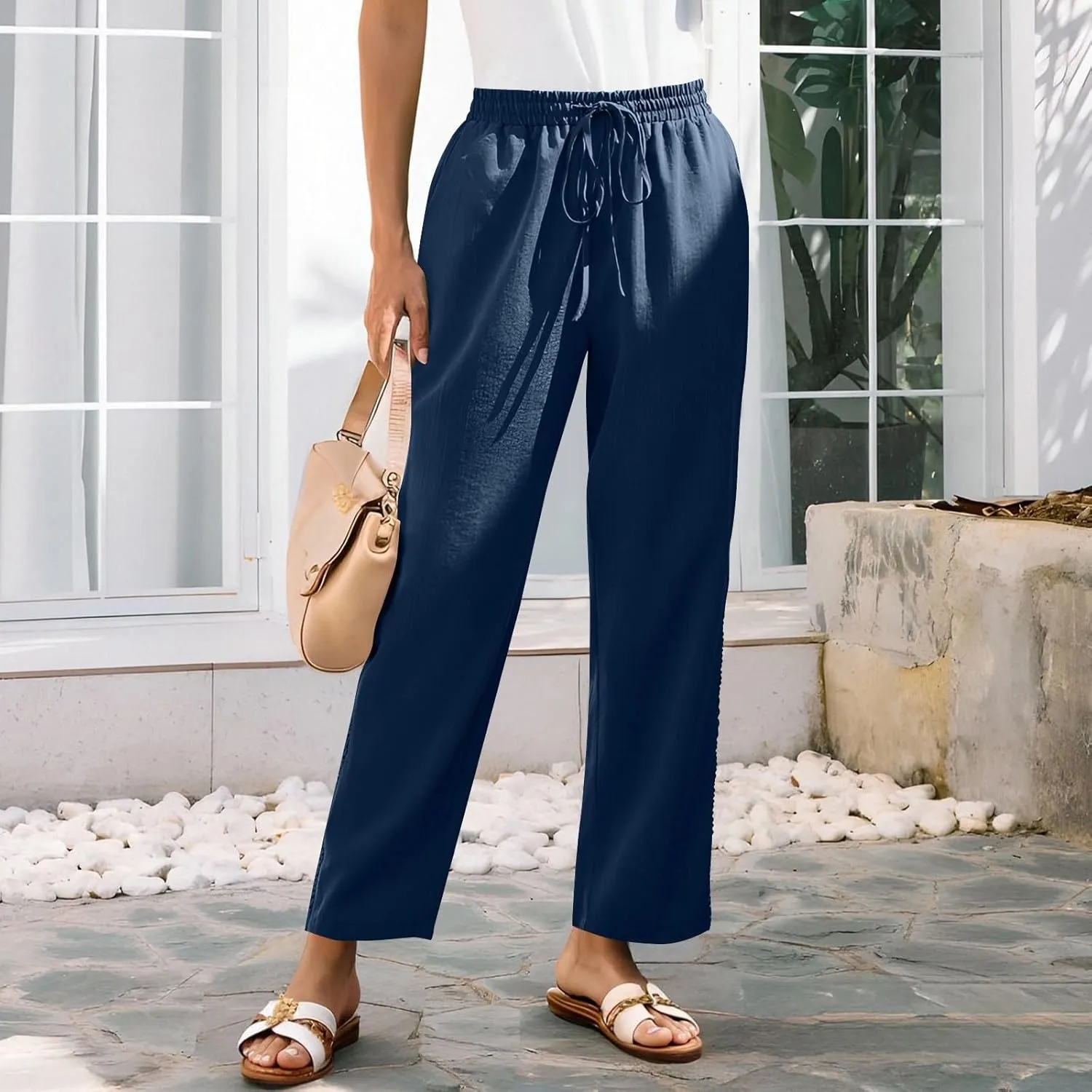 Womens Linen Pants Summer Casual Lightweight Drawstring High Waisted Wide Leg Pants Beach Trousers with Pockets