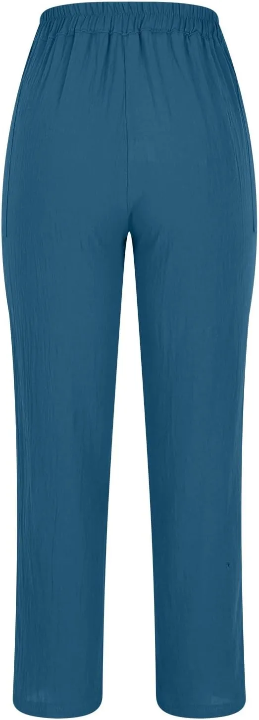 Womens Linen Pants Summer Casual Loose Elastic Waist Straight Wide Leg Pants Lightweight Tall Linen Pants Trousers