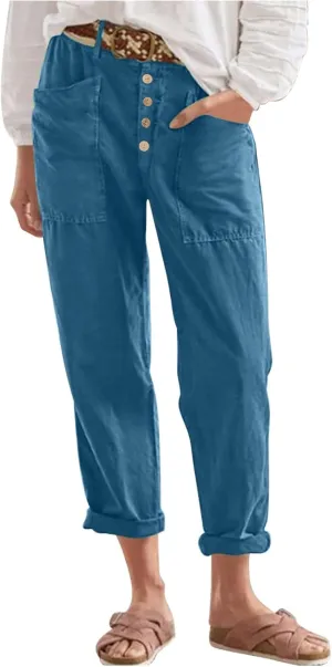 Womens Linen Pants Summer Casual Loose Elastic Waist Straight Wide Leg Pants Lightweight Tall Linen Pants Trousers