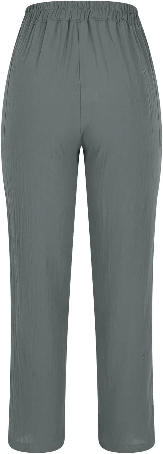 Womens Linen Pants Summer Casual Loose Elastic Waist Straight Wide Leg Pants Lightweight Tall Linen Pants Trousers