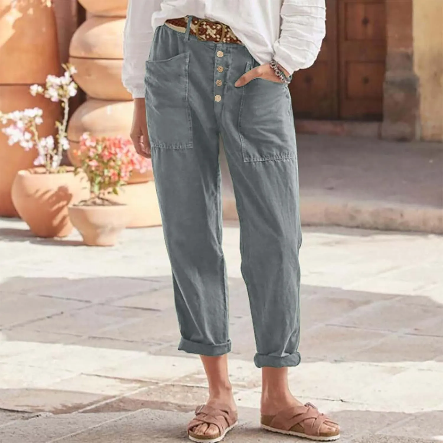 Womens Linen Pants Summer Casual Loose Elastic Waist Straight Wide Leg Pants Lightweight Tall Linen Pants Trousers