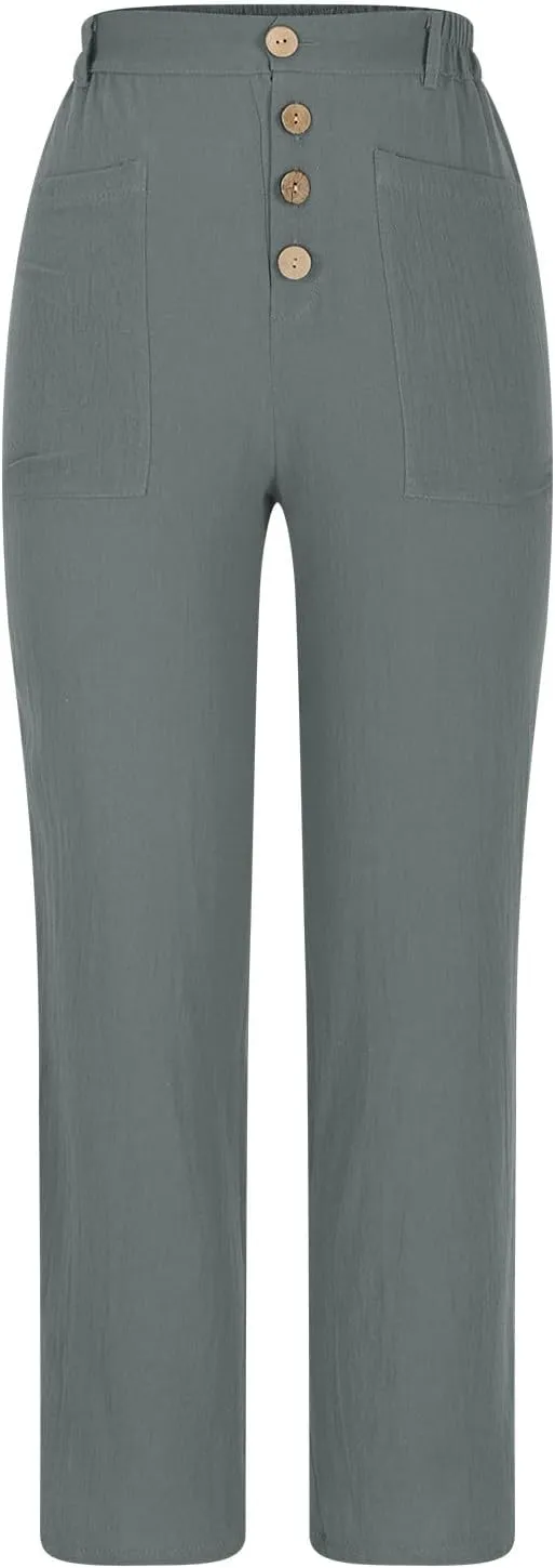 Womens Linen Pants Summer Casual Loose Elastic Waist Straight Wide Leg Pants Lightweight Tall Linen Pants Trousers