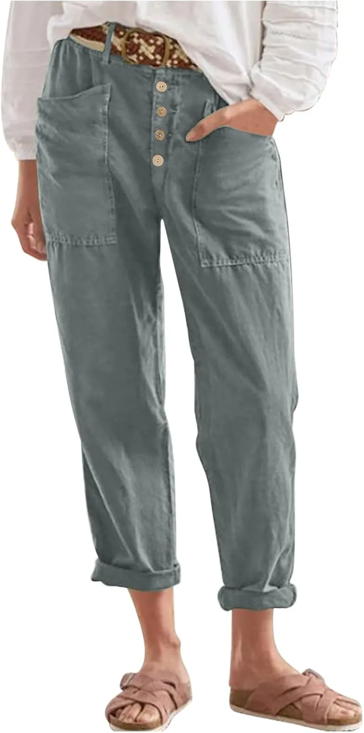 Womens Linen Pants Summer Casual Loose Elastic Waist Straight Wide Leg Pants Lightweight Tall Linen Pants Trousers