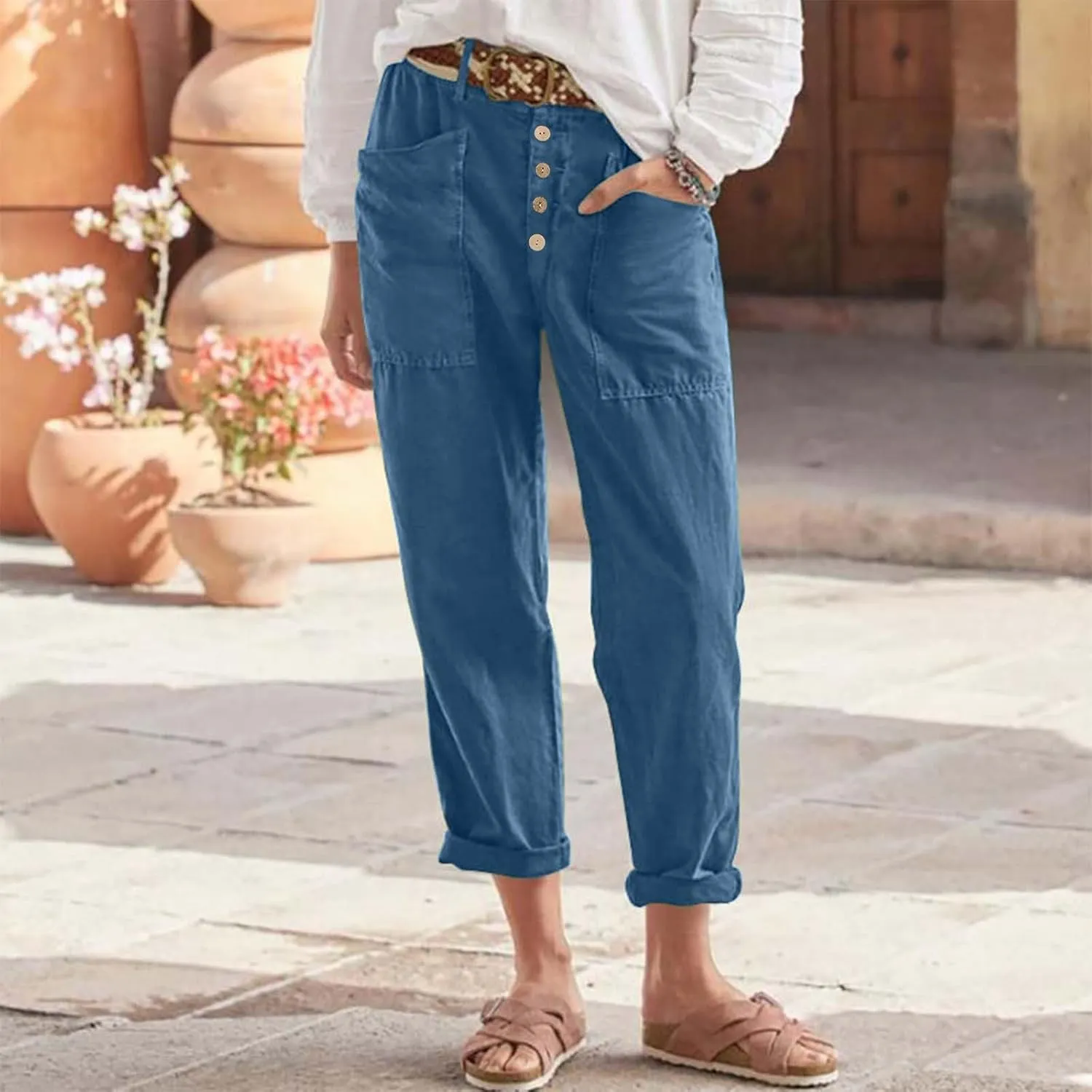 Womens Linen Pants Summer Casual Loose Elastic Waist Straight Wide Leg Pants Lightweight Tall Linen Pants Trousers