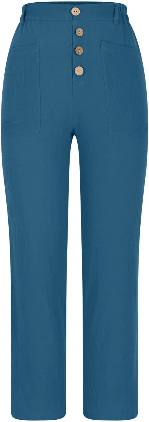 Womens Linen Pants Summer Casual Loose Elastic Waist Straight Wide Leg Pants Lightweight Tall Linen Pants Trousers