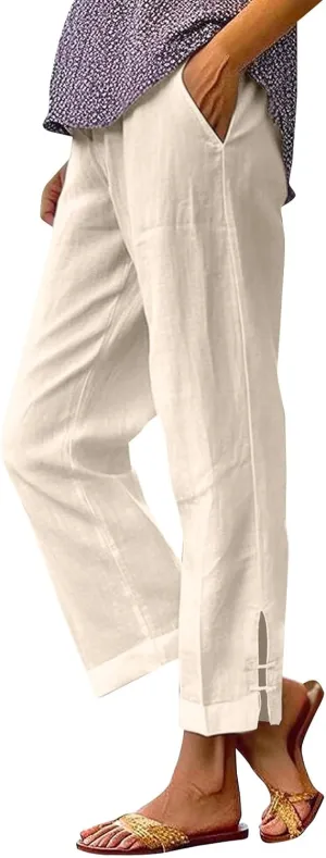 Womens Linen Pants Wide Leg Elastic High Waisted Palazzo Pants 2025 Summer Boho Floral Flowy Beach Trousers with Pockets
