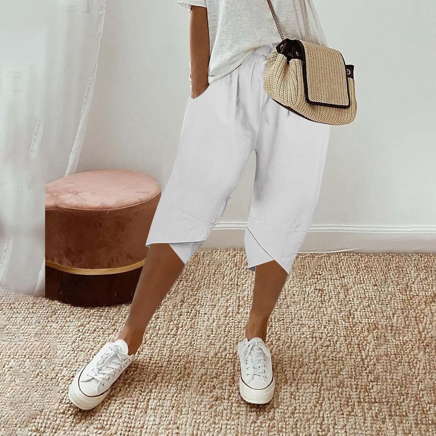 Women's Linen Pants Wide Leg Work Dress Pants Drawstring Casual Solid Color Shorts Cotton Linen Pants Casual 2025
