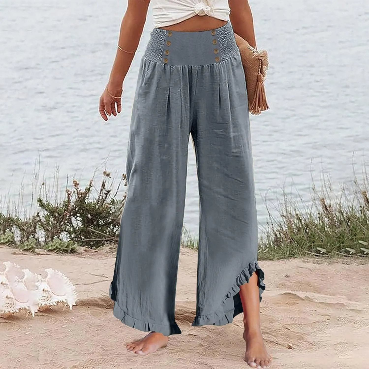 Womens Linen Summer Capri Pants 2025 High Waisted Wide Leg Pant Pleated Comfy Gauze Casual Lightweight Loose
