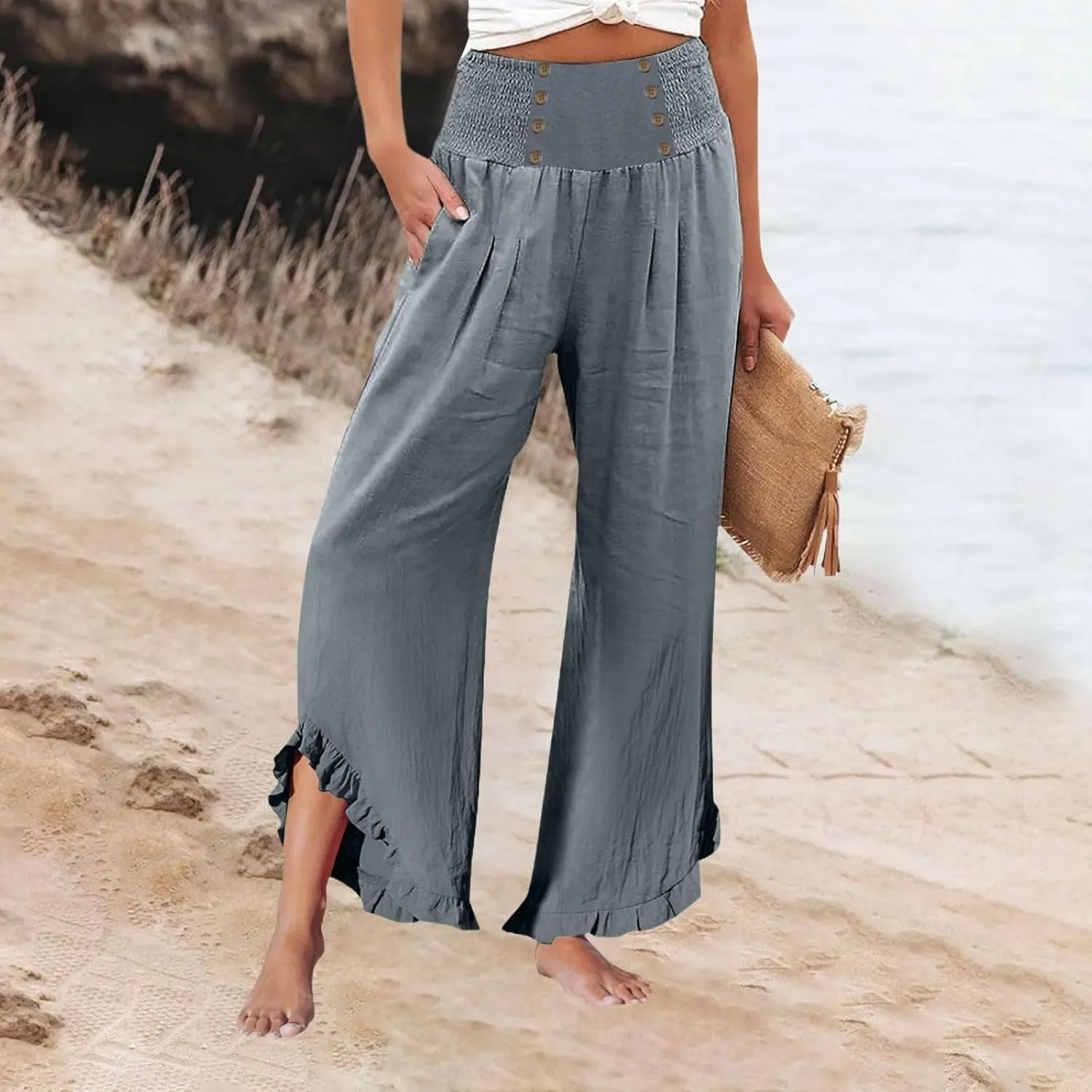 Womens Linen Summer Capri Pants 2025 High Waisted Wide Leg Pant Pleated Comfy Gauze Casual Lightweight Loose