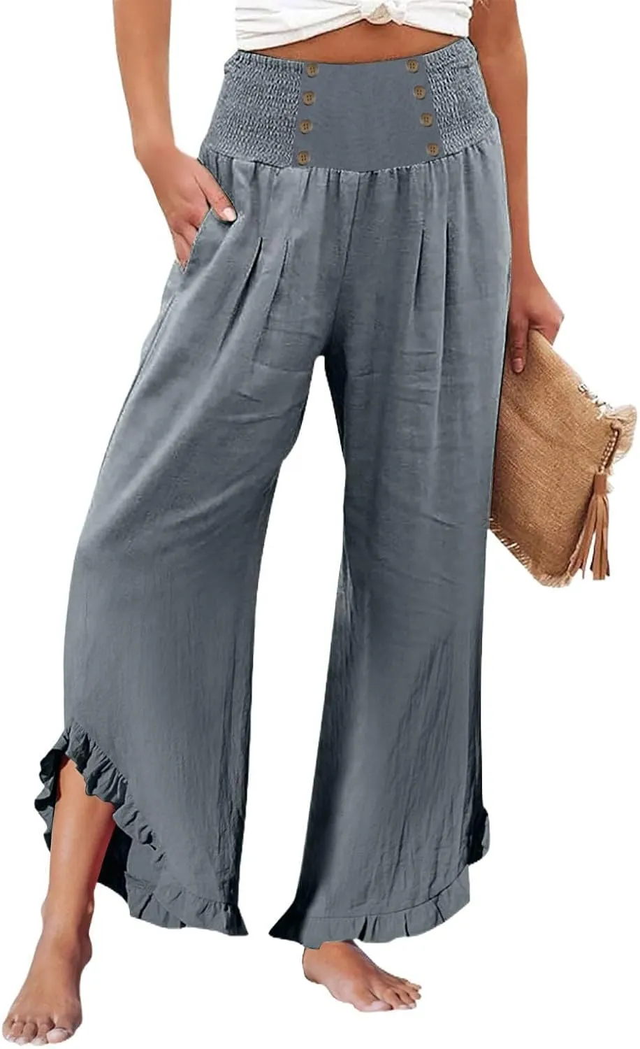 Womens Linen Summer Capri Pants 2025 High Waisted Wide Leg Pant Pleated Comfy Gauze Casual Lightweight Loose