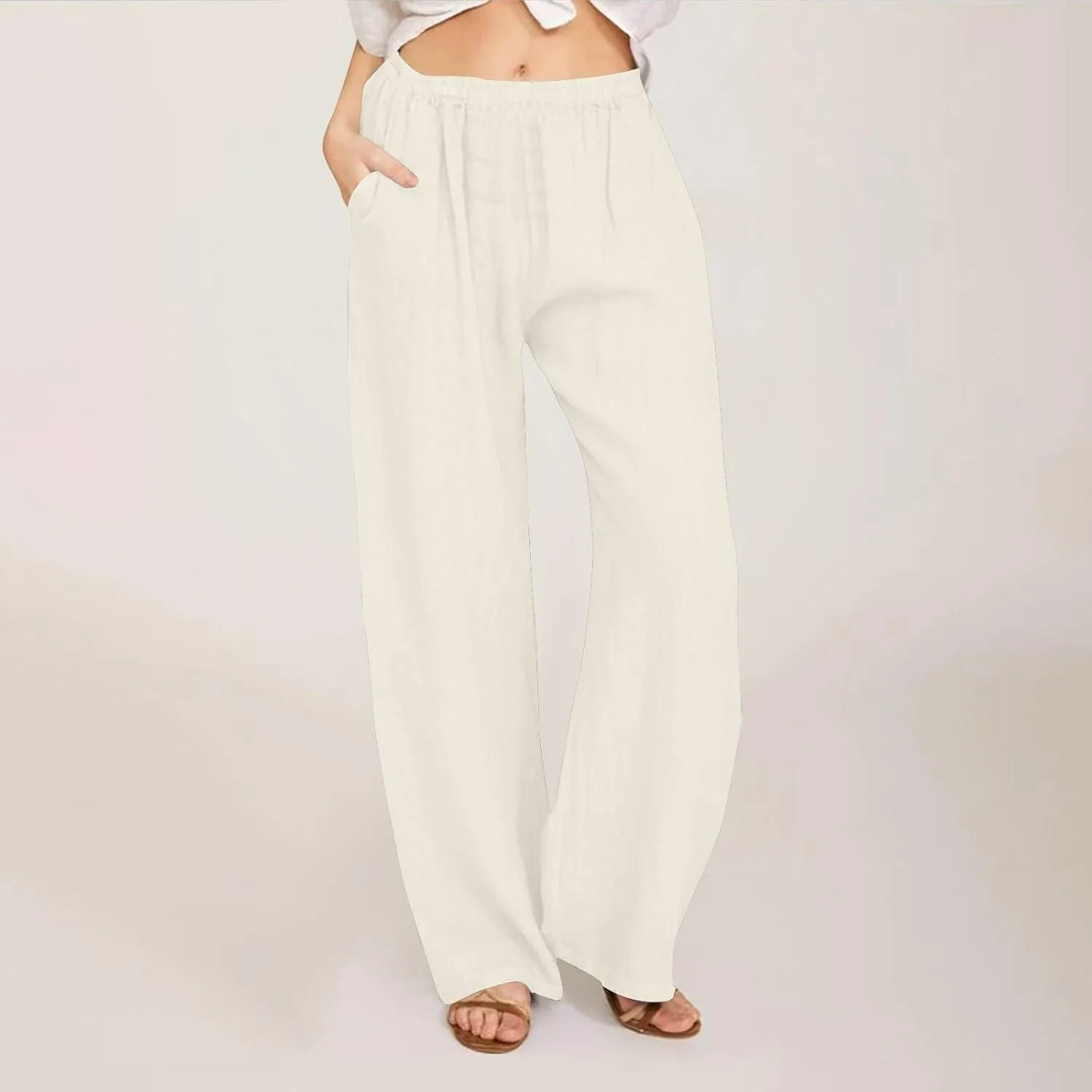 Women's Linen Wide Leg Pants Casual Loose Elastic Waisted Casual Summer Barrel Beach Palazzo Loose Fit Trousers