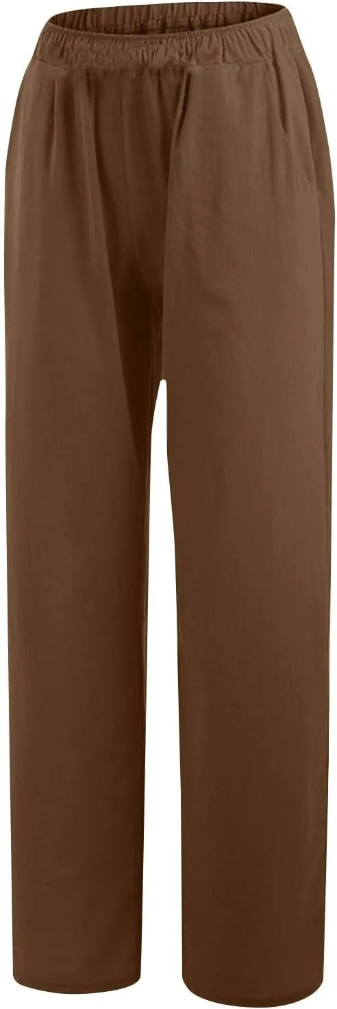 Women's Linen Wide Leg Pants Casual Loose Elastic Waisted Casual Summer Barrel Beach Palazzo Loose Fit Trousers