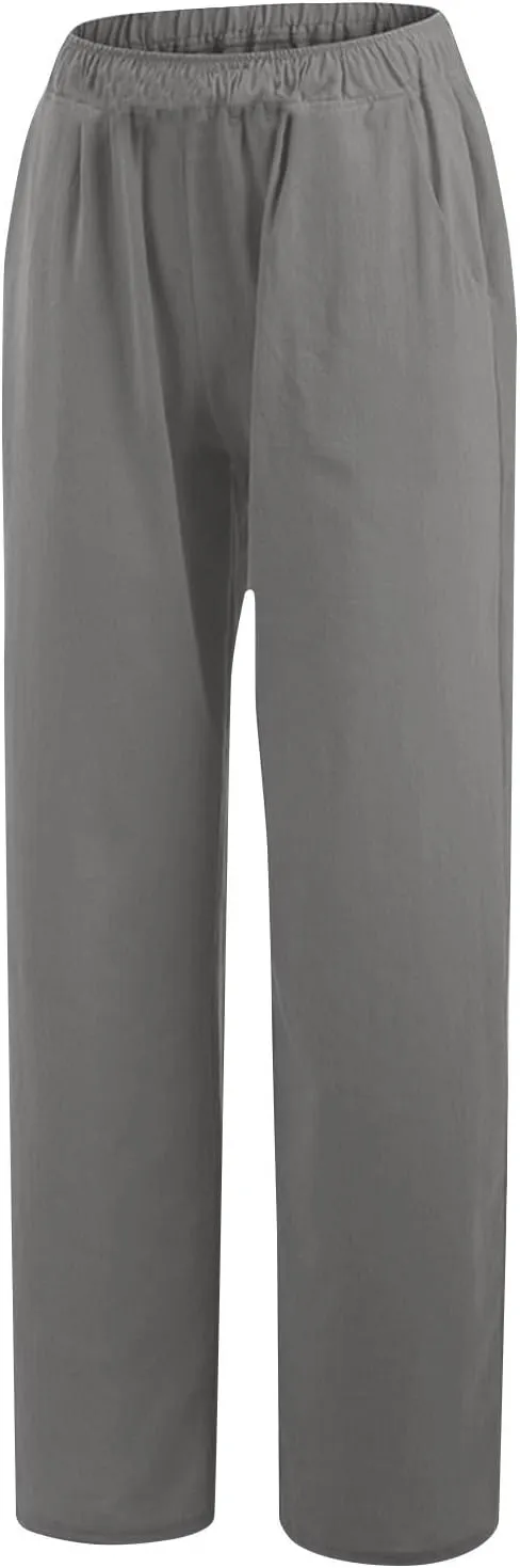 Women's Linen Wide Leg Pants Casual Loose Elastic Waisted Casual Summer Barrel Beach Palazzo Loose Fit Trousers