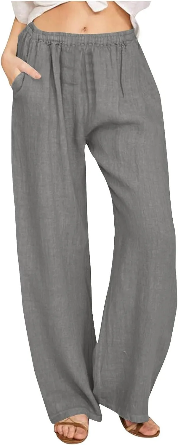 Women's Linen Wide Leg Pants Casual Loose Elastic Waisted Casual Summer Barrel Beach Palazzo Loose Fit Trousers