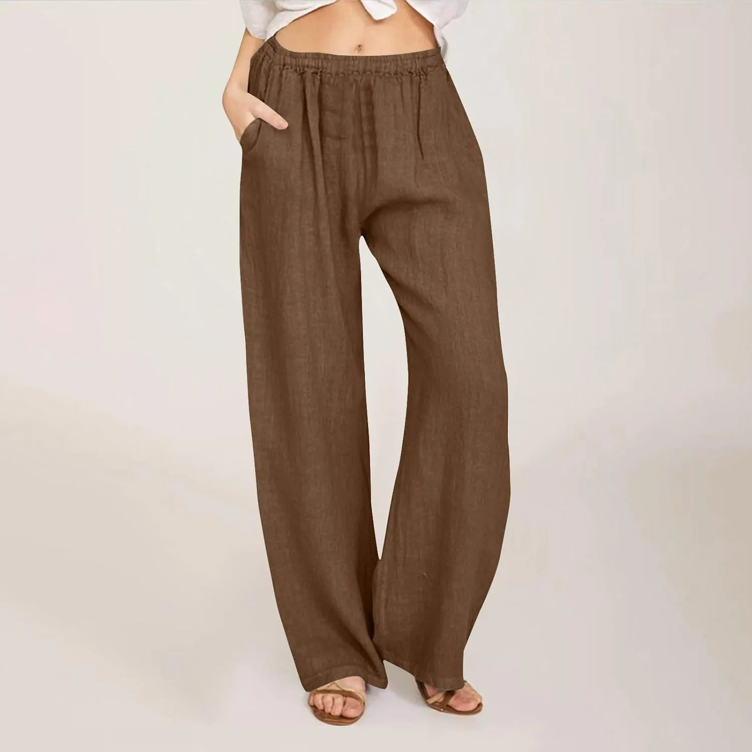 Women's Linen Wide Leg Pants Casual Loose Elastic Waisted Casual Summer Barrel Beach Palazzo Loose Fit Trousers