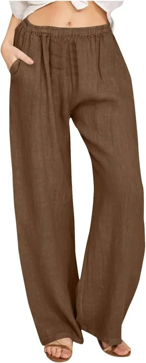 Women's Linen Wide Leg Pants Casual Loose Elastic Waisted Casual Summer Barrel Beach Palazzo Loose Fit Trousers
